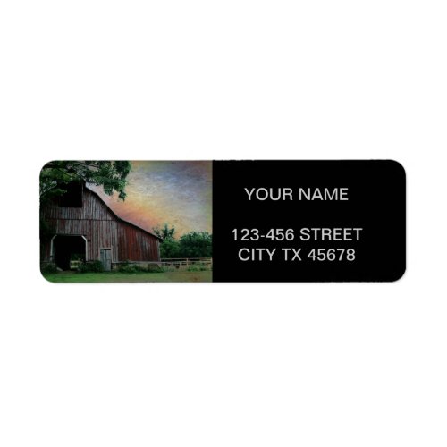 countryside sunset farm landscape old red barn label