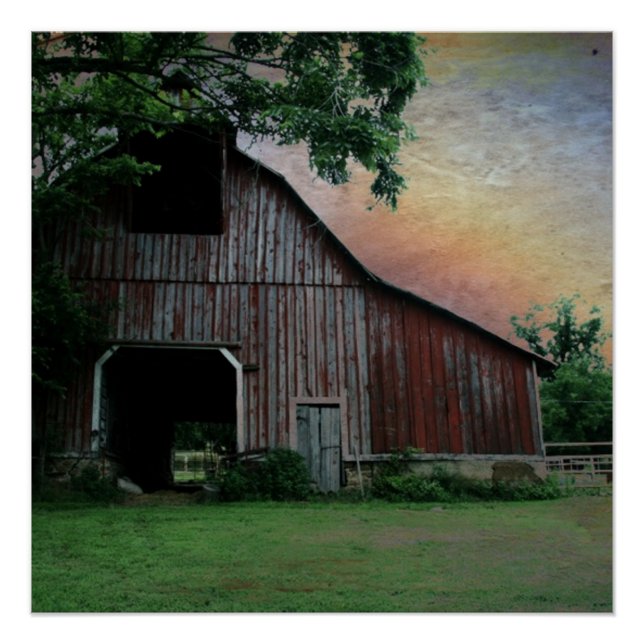 countryside sunset farm landscape old red barn poster (Front)