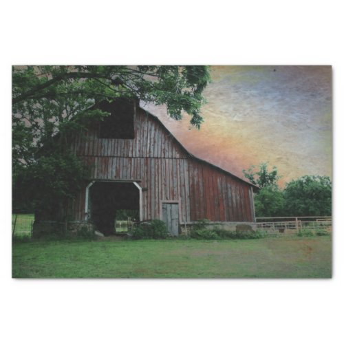 countryside sunset farm landscape old red barn tissue paper