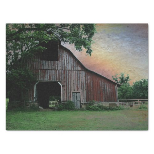 countryside sunset farm landscape old red barn tissue paper