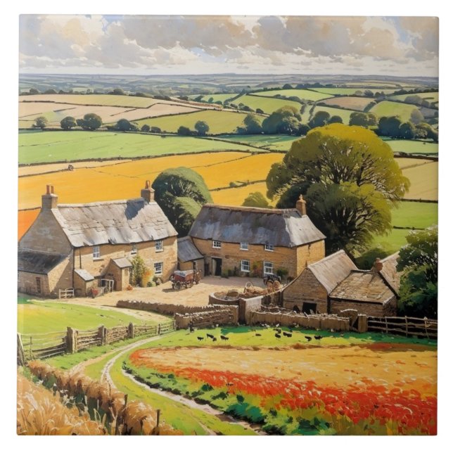 Countryside View Rustic Scene Farmhouse Landscape Ceramic Tile (Front)