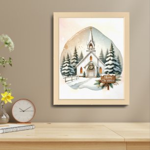Countryside White Chapel   Night Christmas Scene Framed Art