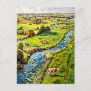 Countryside with Cows and Stream Fantasy Painting Postcard