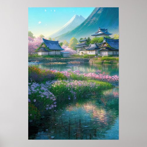 Countrysides Old Wooden Village by the River Poster