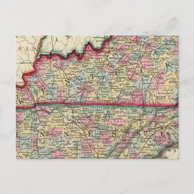 County Map Of Kentucky, And Tennessee Postcard (Front)