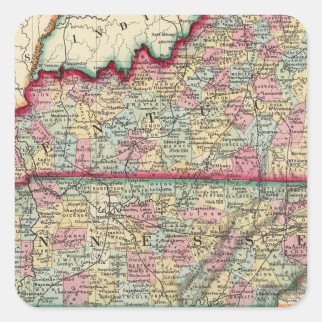 County Map Of Kentucky, And Tennessee Square Sticker (Front)