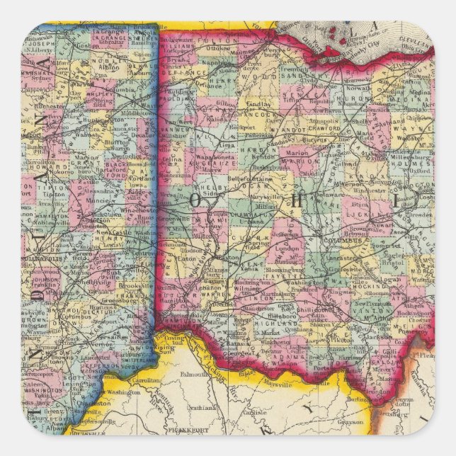 County Map Of Ohio, And Indiana Square Sticker (Front)