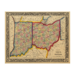 County Map Of Ohio, And Indiana Wood Wall Decor