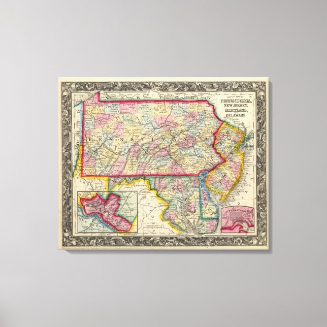 County Map Of Pennsylvania, New Jersey Canvas Print (Front)