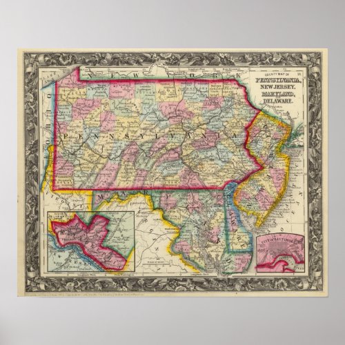 County Map Of Pennsylvania New Jersey Poster