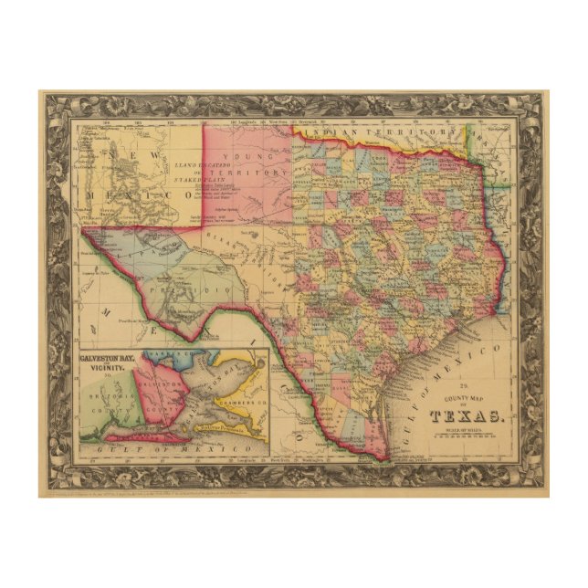 County Map Of Texas Wood Wall Art (Front)