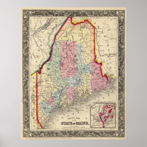 County Map Of The State Of Maine Poster