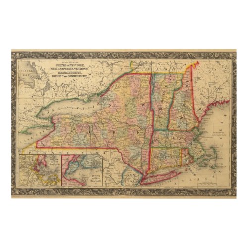 County Map Of The States Of New York Wood Wall Art