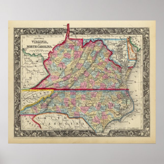County Map Of Virginia, and North Carolina Poster (Front)
