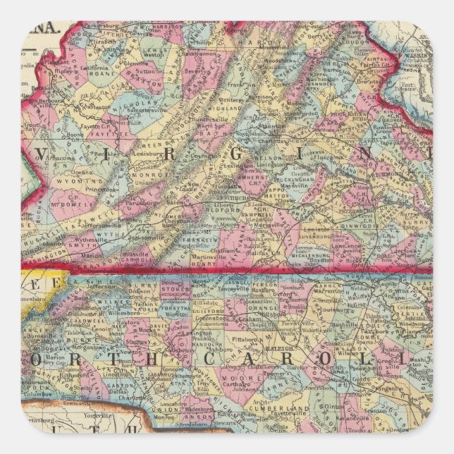 County Map Of Virginia, and North Carolina Square Sticker (Front)