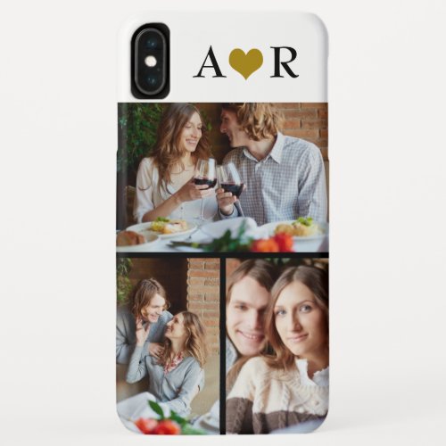 Couple 3 Photo Collage Custom Monogram Gold Heart iPhone XS Max Case