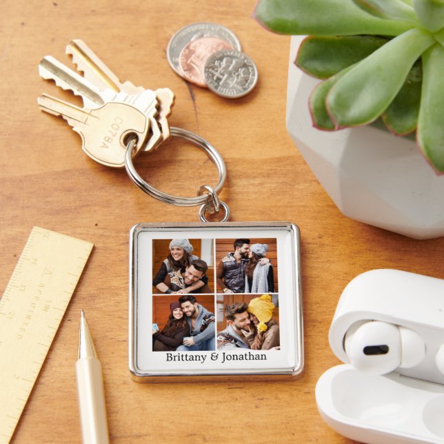 Couple 4 Photos & Names Keychain (Desk)