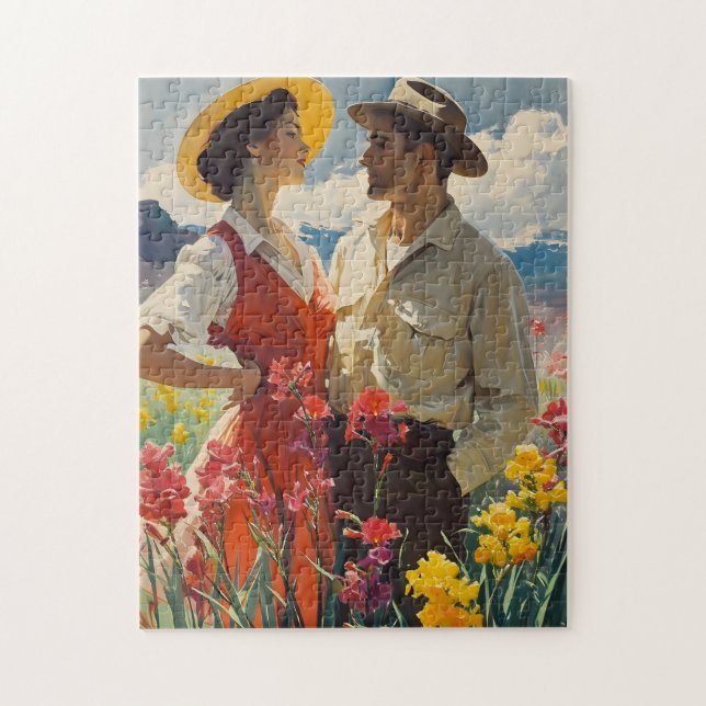 Couple Amidst Orchids 1950s Vintage Jigsaw Puzzle (Vertical)