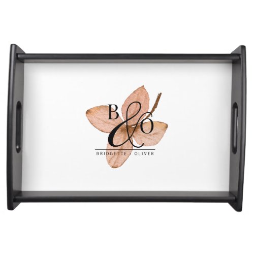 Couple Ampersand Monogram  Rustic Watercolor Leaf Serving Tray