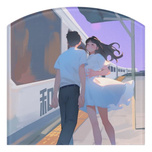 Couple at a train station door sign