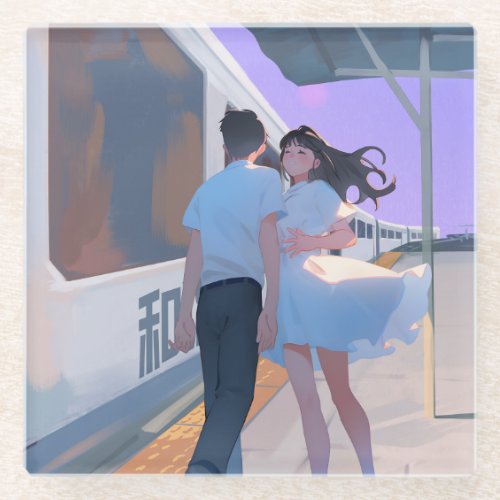 Couple at a train station glass coaster