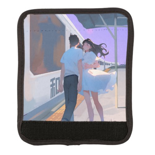 Couple at a train station luggage handle wrap