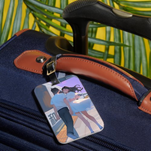 Couple at a train station luggage tag