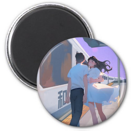 Couple at a train station magnet