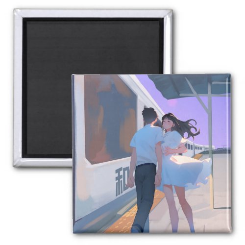 Couple at a train station magnet