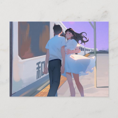 Couple at a train station Postcard