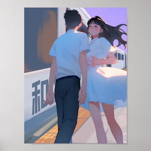 Couple at a train station poster