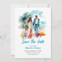 Couple at Beach Watercolor Wedding | Save The Date