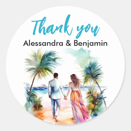 Couple at Beach Wedding Watercolor  Gifts Classic Round Sticker