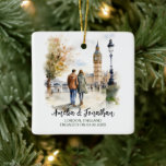 Couple at London England UK Watercolor Travel Art Ceramic Ornament<br><div class="desc">Couple at London England UK Watercolor Travel Art Ceramic Ornament. Personalize with your own text. This is another 100% original Snuggle Hamster Designs.

#TravelSouvenirOrnaments,  #HandmadeTravelKeepsakes,  #DestinationThemedOrnaments,  #OrnamentsForTravelLovers,  #UniqueTravelGiftOrnaments,  #CustomTravelOrnaments,  #TravelInspiredDecorations,  #WorldTravelCollectibles,  #OrnamentsForTravelers,  #PersonalizedTravelOrnaments</div>