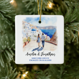 Couple at Santorini Island Watercolor Travel Art Ceramic Ornament
