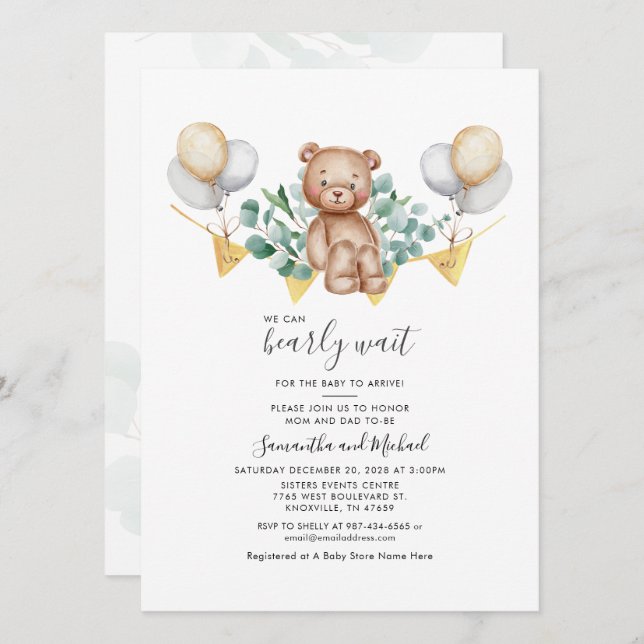 Couple Baby Shower Eucalyptus Bear Greenery Script Invitation (Front/Back)