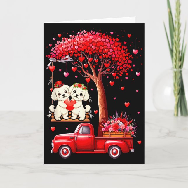 Couple Bichon Frises Valentine Hearts Tree Pickup  Card (Front)