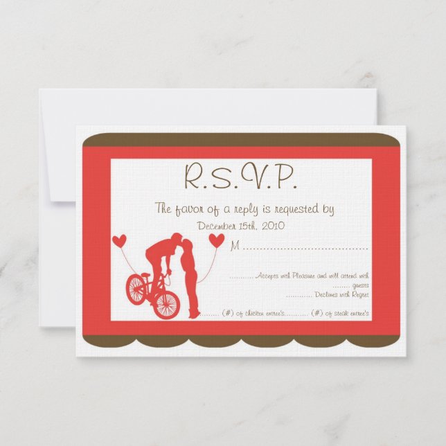 Couple Bike Red/Brown Wedding RSVP Invitation (Front)