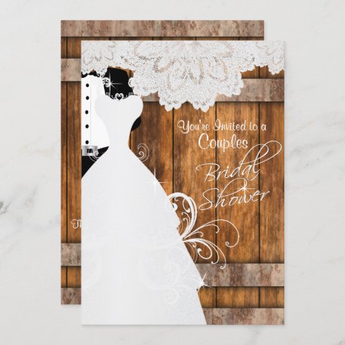 Couple Bridal Shower in Rustic Wood and Lace Invitation