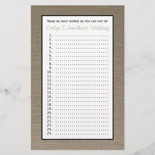 Couple Bridal Wedding Shower Games - Burlap (Front)