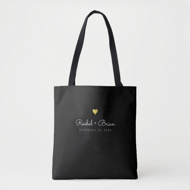 couple / bride & groom names on black tote bag (Front)
