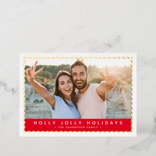 COUPLE CHRISTMAS PHOTO simple gold border red Foil Foil Holiday Card