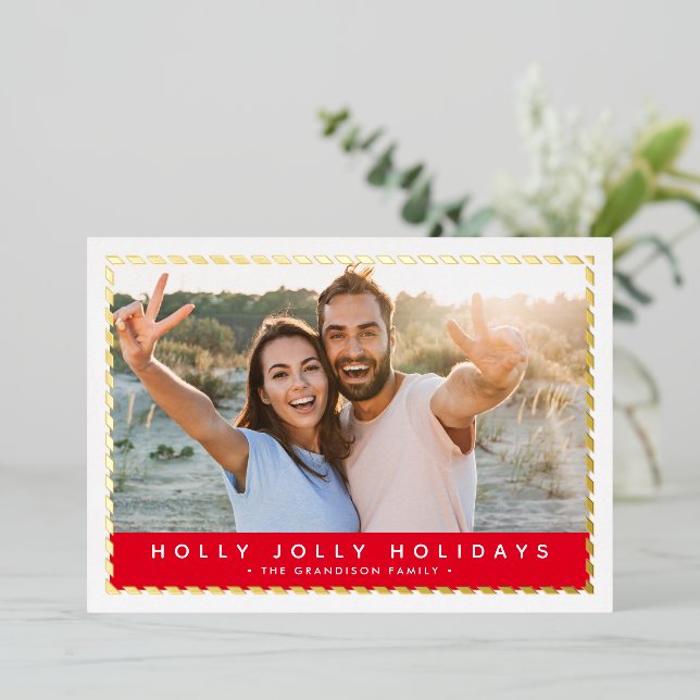 COUPLE CHRISTMAS PHOTO simple gold border red Foil Holiday Card (Standing Front)
