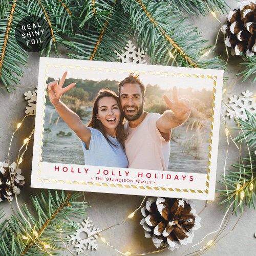 COUPLE CHRISTMAS PHOTO simple gold border red Foil Holiday Card