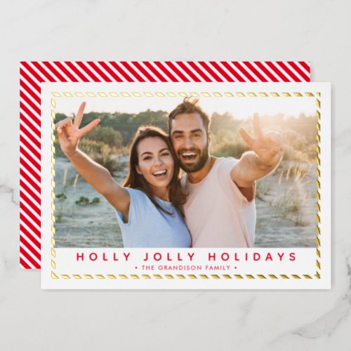 COUPLE CHRISTMAS PHOTO simple gold border red Foil Holiday Card