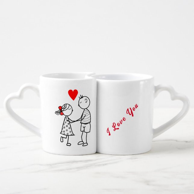 Couple Coffee Mug Set - I Love You - Custom Text (Back Nesting)