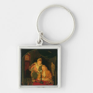 Couple counting money by candlelight, 1779 keychain