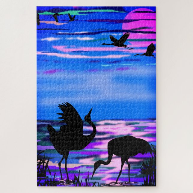 Couple Cranes Bird At Lake Sunset Jigsaw Puzzle (Vertical)
