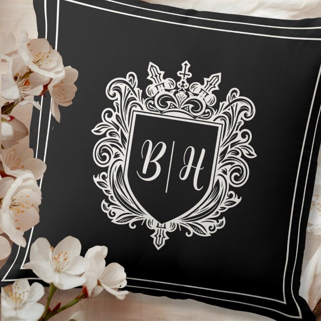 Couple crest initials Black Throw Pillow (Creator Uploaded)