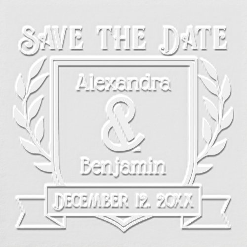 Couple Crest Ribbon Botanical Save the Date Embosser